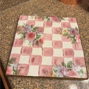 MacKenzie-Childs Pink Floral trivet/ hot plate square tile STAMPED 8 Inches